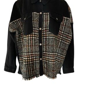 Zara Black and Multicolor Plaid Jean Jacket